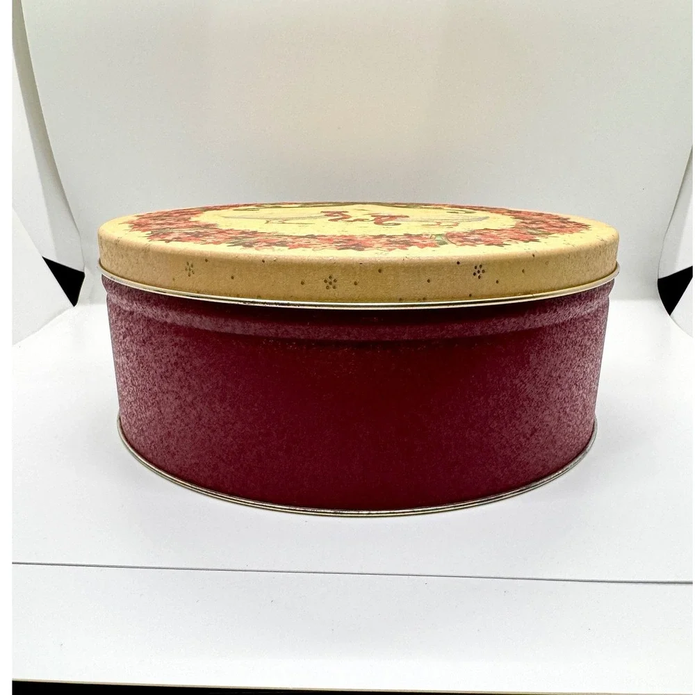 Vintage Goose Floral Tin Round Metal Cookie‎ Canister Red Cream Cottagecore 8in